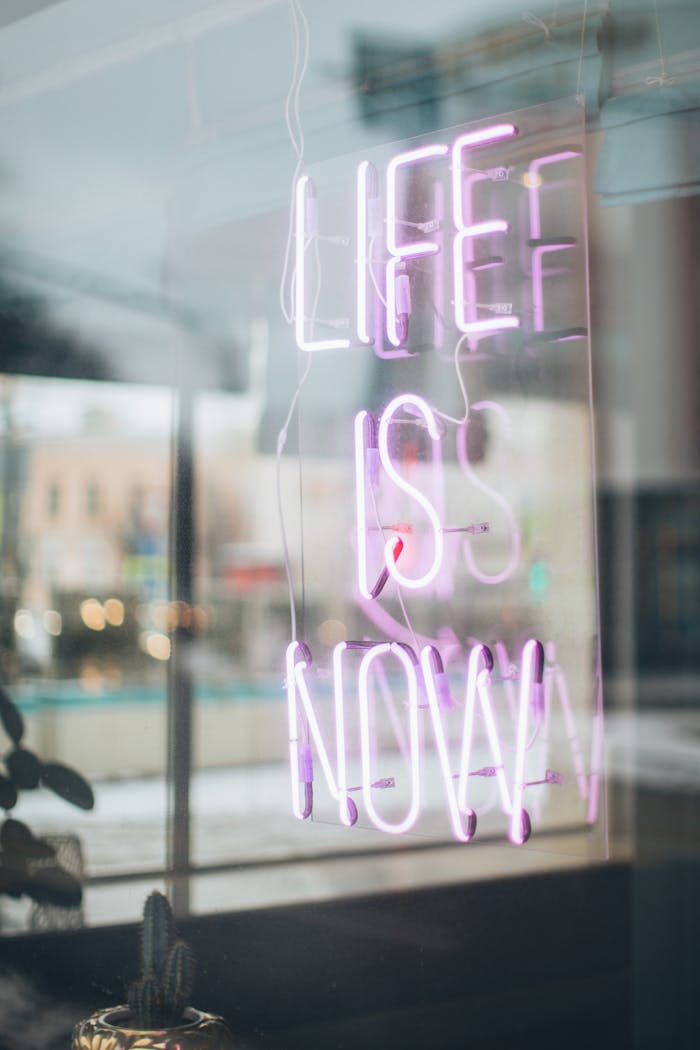portfolio-05 Urban scene with a glowing Life is Now neon sign reflecting in a window, conveying a modern, motivational vibe.