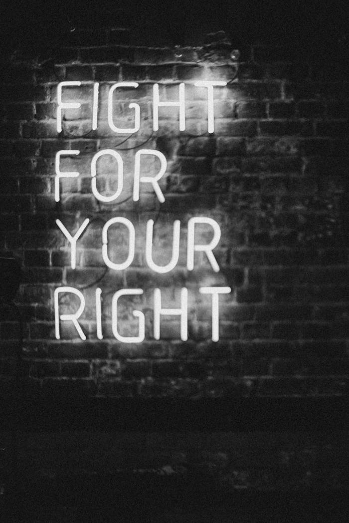 portfolio-04 Monochrome neon sign on brick wall with slogan Fight for Your Right. Perfect for motivation and urban themes.