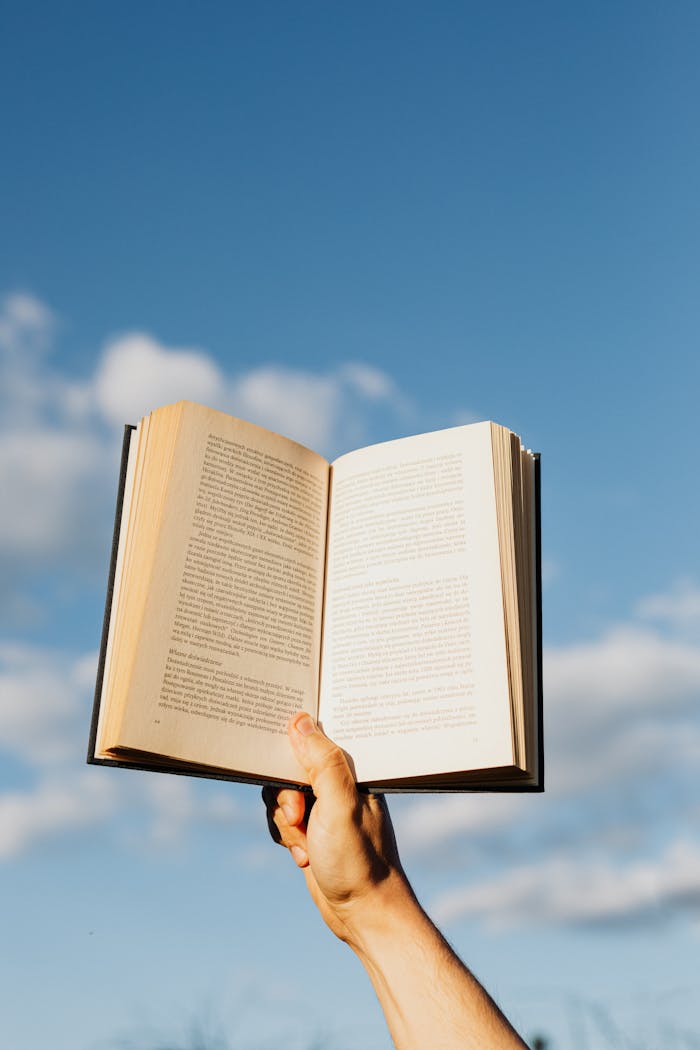 portfolio-01 A hand holding an open book against a blue sky; symbolizes learning and freedom.